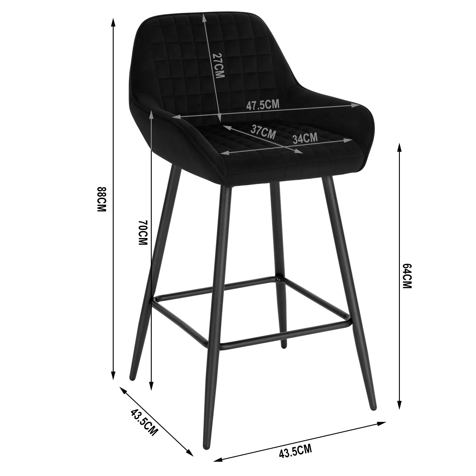 WOLTU Tabouret Bar Lot de 2, Chaise de Bar pour Îlot Central Cuisine, Salle à Manger, Bistro, Café, Grand Siège en Velours avec Dossier, Repose-Pied et Accoudoir, Pieds Réglables, Noir
