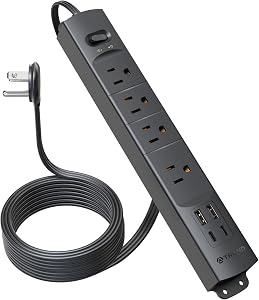 TROND Surge Protector Power Bar with 2 USB C, 4 Outlet Extender Black, 10ft | Long Extension Cord Indoor, 1440 J, ETL Listed, Slim Ultra-Thin Flat Plug Power Strip, Wall Mount, Home Office Supplies