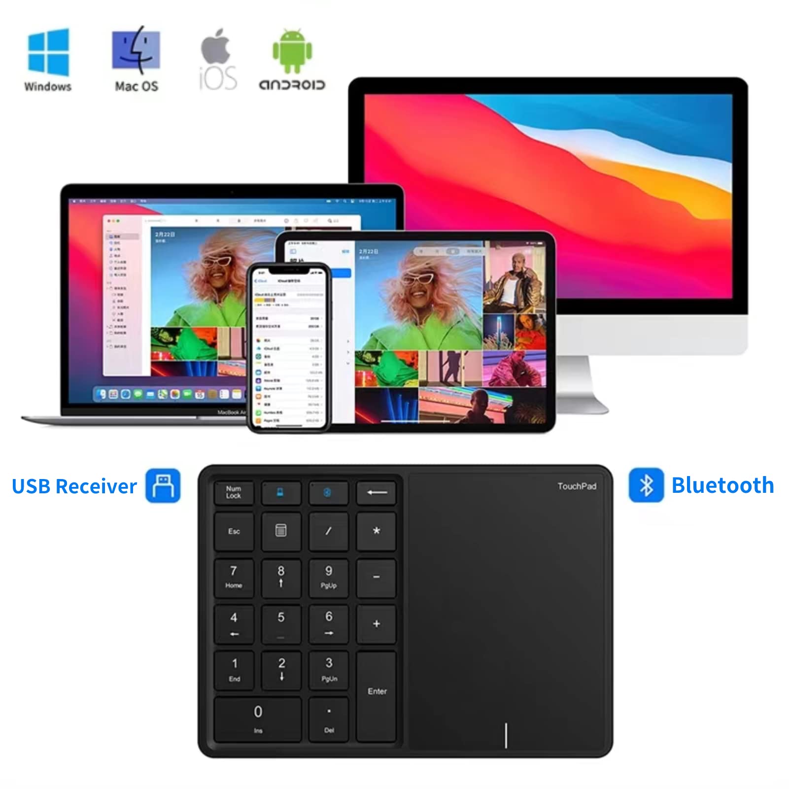 Yunseity Tastierino Numerico Wireless 2.4G con Touchpad, Tastierino Numerico Portatile Bluetooth a 22 Tasti, Tastiera Numerica Ricaricabile USB C per Contabilità Finanziaria(Nero)