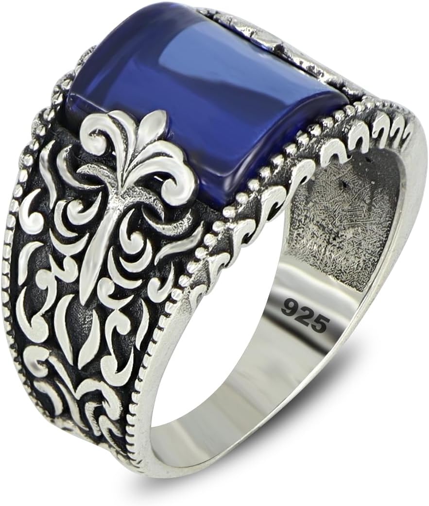 925 Sterling Silver Men’s Ring with Blue Sapphire Stone – Handmade Baroque Style Statement Ring – Vintage Ornate Silver Jewelry Gift for Men