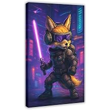 Futuristic Fox Warrior - Neon Cyberpunk, Purple Lightsaber, Armored Fox, Tech Cityscape, Perfect for Sci-fi And Fantasy Lovers Wall Decoration Poster Family Bar Restaurant Garage Cafe Art Sign Gift S