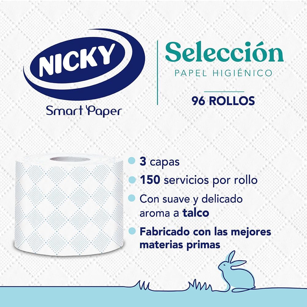 Nicky Selección Papel Higiénico -Paquete de 96 Rollos, 150 Hojas de 3 Capas, con Aroma a Talco, Papel Extrasuave Dermatológicamente Testado, Embalaje Reciclable, Celulosa 100% Pura, Certificación FSC
