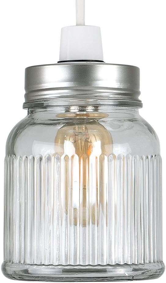 Retro Style Silver Brushed Chrome and Clear Glass Ribbed Pattern Design Jar Ceiling Pendant Light Shade