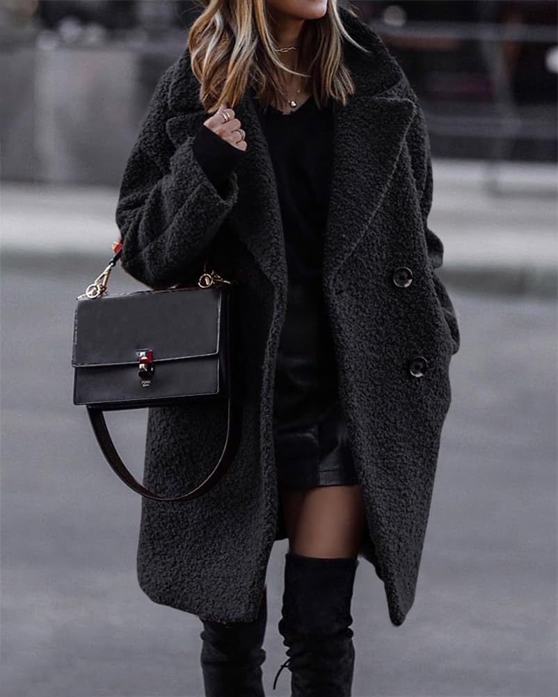 shownicer Manteaux Femme Veste Polaire Fille Mi-Long Vintage Chaude Boutonnage Laine épais Blousons Manche Longue Cardigan Casual Mode Hiver Outerwear Automne Hiver
