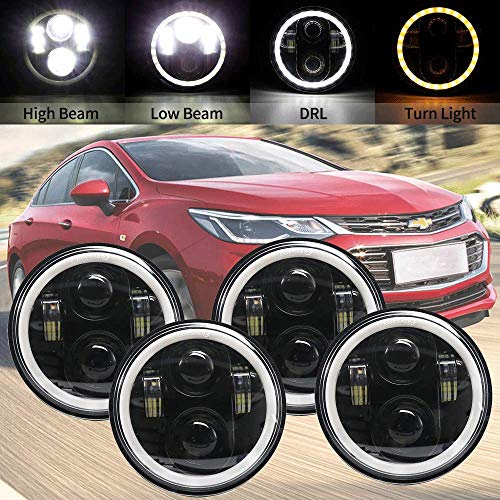 IRONWALLS 4PCS DOT Approved 5 3/4 5.75'' Inch LED Headlight Bulbs H4 Headlamp Project Angel Eye Turn Signal Round Black For Pickup BMW Audi Chevrolet Buick AMC