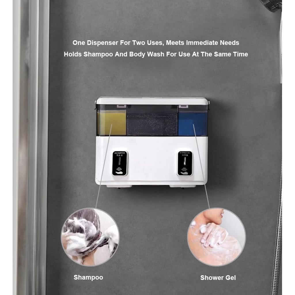 Dispensador automático de jabón espumoso de 2 Salidas Dispensador de champú y Gel de Ducha 2 en 1 Máquina desinfectante de Manos automática Recargable montada en la Pared