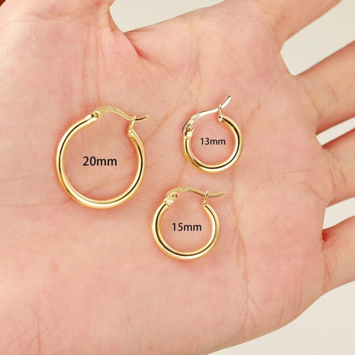 Aretes de aro chapados en oro de 14 quilates, 3 pares de aros pequeños de plata de ley, conjuntos de aros de oro para mujeres y niñas (13 mm, 15 mm, 20 mm), REE-025 4