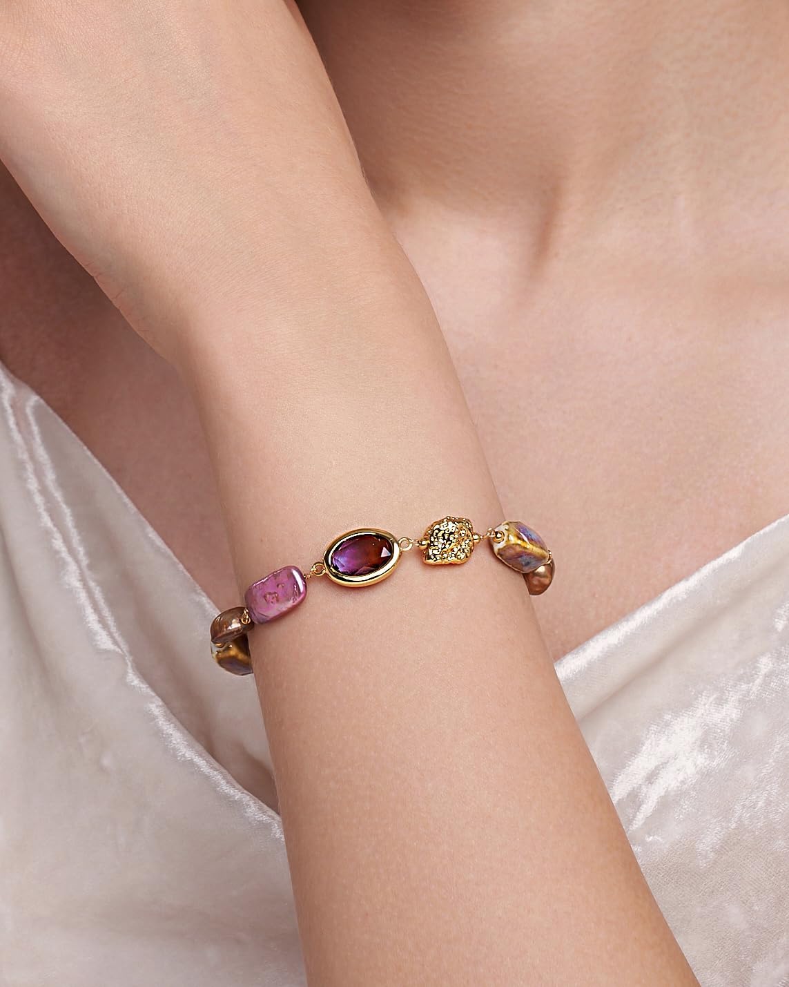 Gold Purple Golden Colorful CZ Cultured Baroque Silk Mother of Pearl Natural Gemstone Statement FULLY ADJUSTABLE Dangle Charms Tennis Bracelet for Women by SNGIA, Stackable Handmade Trendy Multicolor Crystal Jewelry Gifts, Beachy Summer Beaded Healing Protection Vacation Fashion Bracelet Accessories, Delicate Vintage Link Bohemian Nickle Free Station Bangle. - Image 4