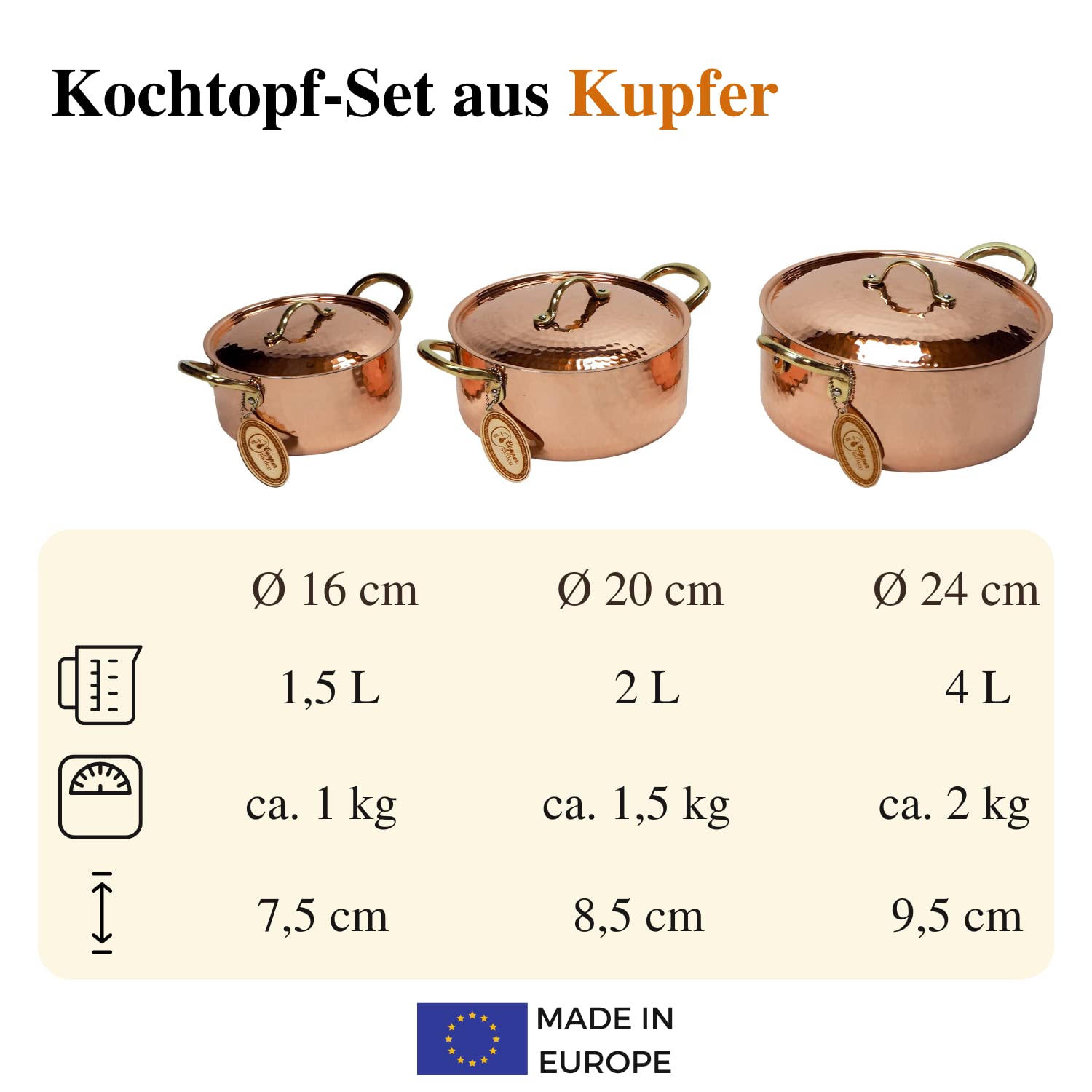 CopperGarden Kupfertöpfe 3er Set mit Deckel & Messinggriffe I Gehämmerte Kupferkochtöpfe: Ideale Wärmeleitung & -verteilung I Robuste Kupfer Töpfe mit 100% Zinn beschichtet