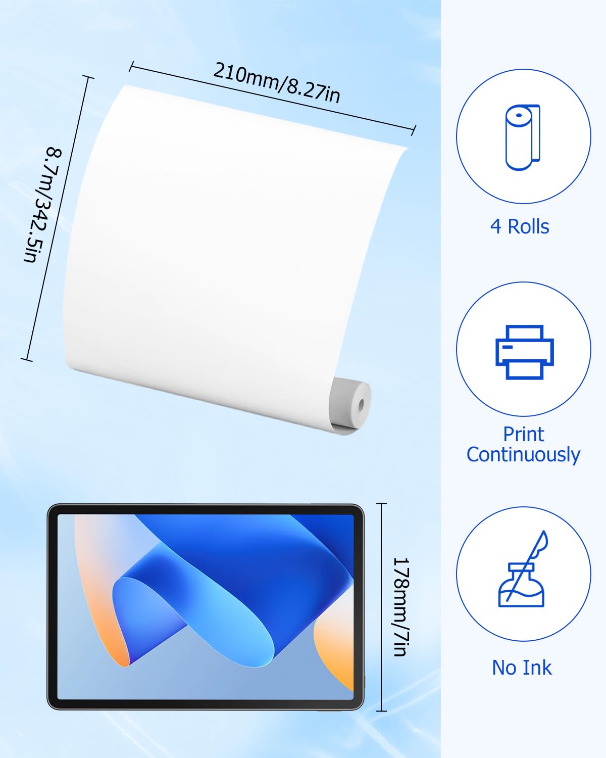 4 rolki papieru termicznego A4 do przenośnych drukarek, papier termiczny A4, 210 x 30 mm, rolka o długości 8,7 m, papier termiczny, szybkoschnący, bez BPA, papier termiczny do dokumentów, etykiet i
