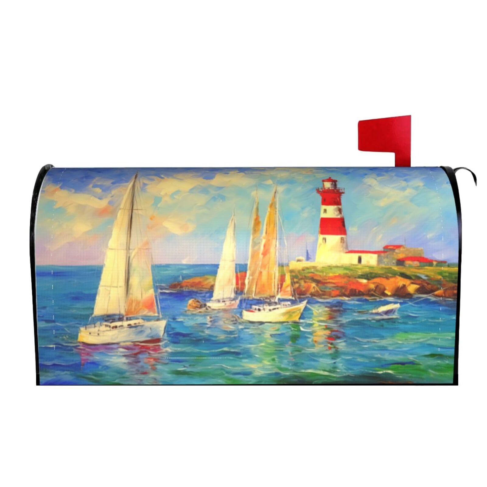 Seascape with Boats Sailboats and Lighthouse 04 Mailbox Covers Magnetic Wraps Post Letter Box Cover Garden Home Decor
