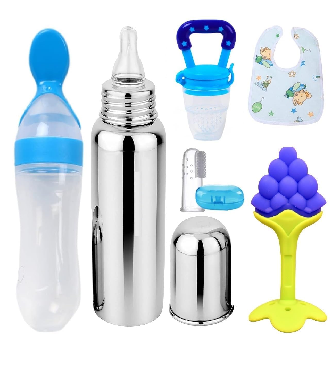 Baby Fruit Feeder Pacifier with Rattle (1 Pcs) with 1 PCS Silicone Food Dispensing Spoon 90ML and 1 pcs Fruit Teether 1pcs Finger Brush 1 pcs Baby bib 1 pcs Steel Bottle 240 ML (Blue)-image-40