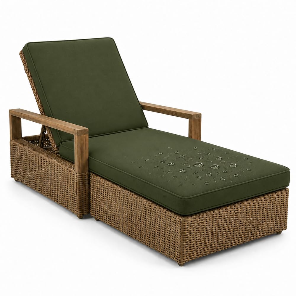 Cojín Tumbona Exterior,Cojines Tumbonas Jardín Exterior Impermeable De Exterior con Espuma 50D,6 Cintas & Funda Extraíble Lavable para Jardín,Terraza, Piscina Y Playa,Army Green,203x66x10cm