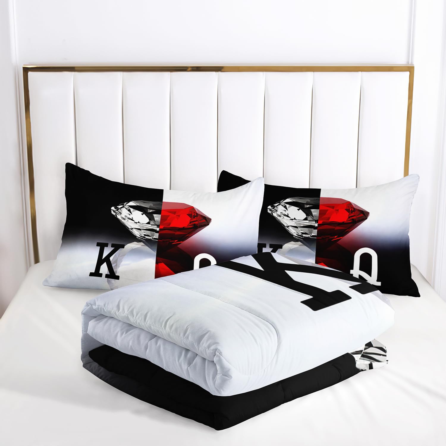His & Her Crown Print Fitted Sheet Set Queen Size - Grey/Black, 3-Piece Microfiber With 2 Pillowcases