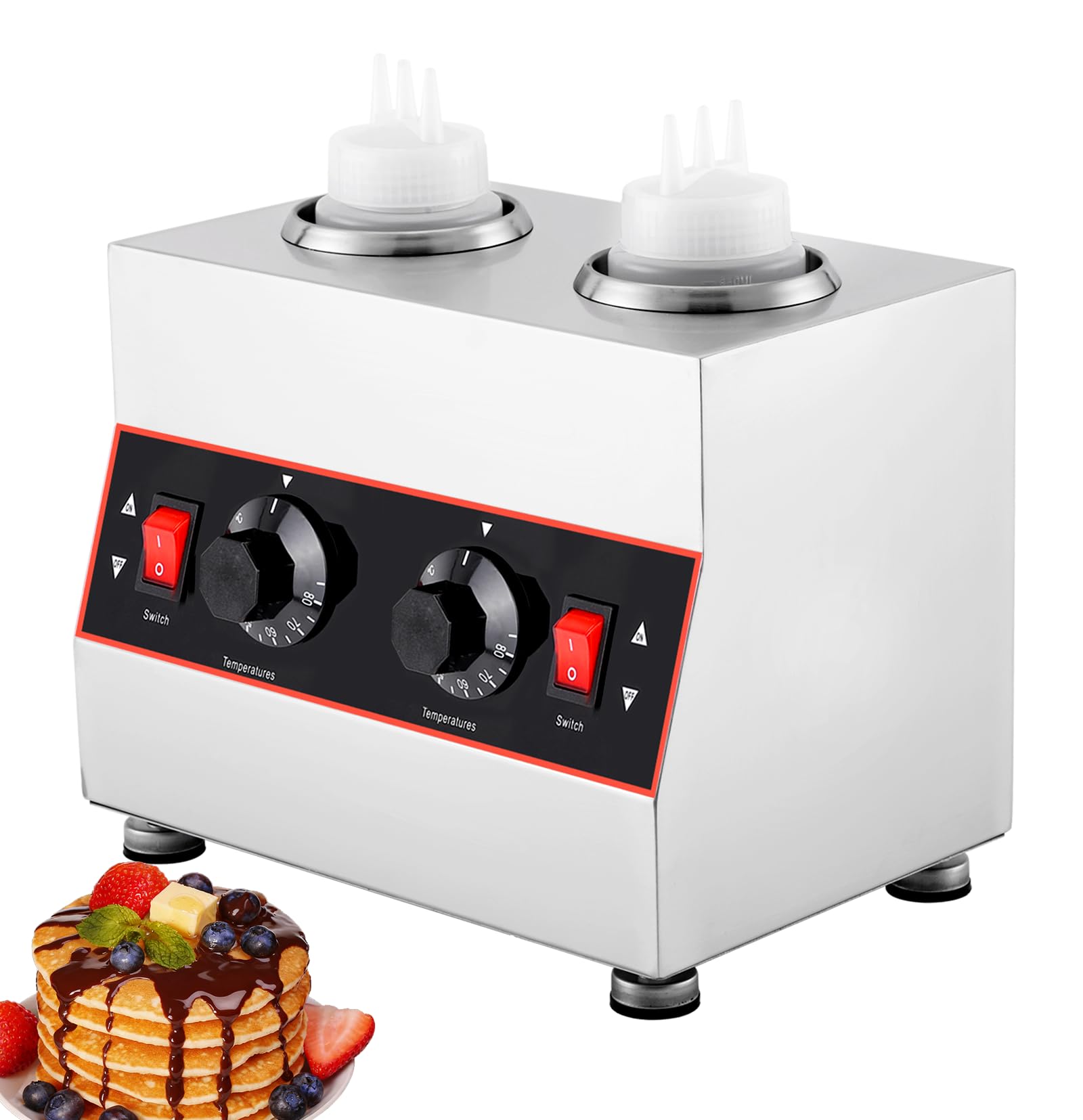 YUCHENGTECH Chauffe-Sauce Électrique, Température Réglable 86-185 ℉,320W | Distributeur Chauffant pour Sauces en Acier Inoxydable avec 2 Bouteillespour Chocolat, Fromage, Ketchup et le Fudge