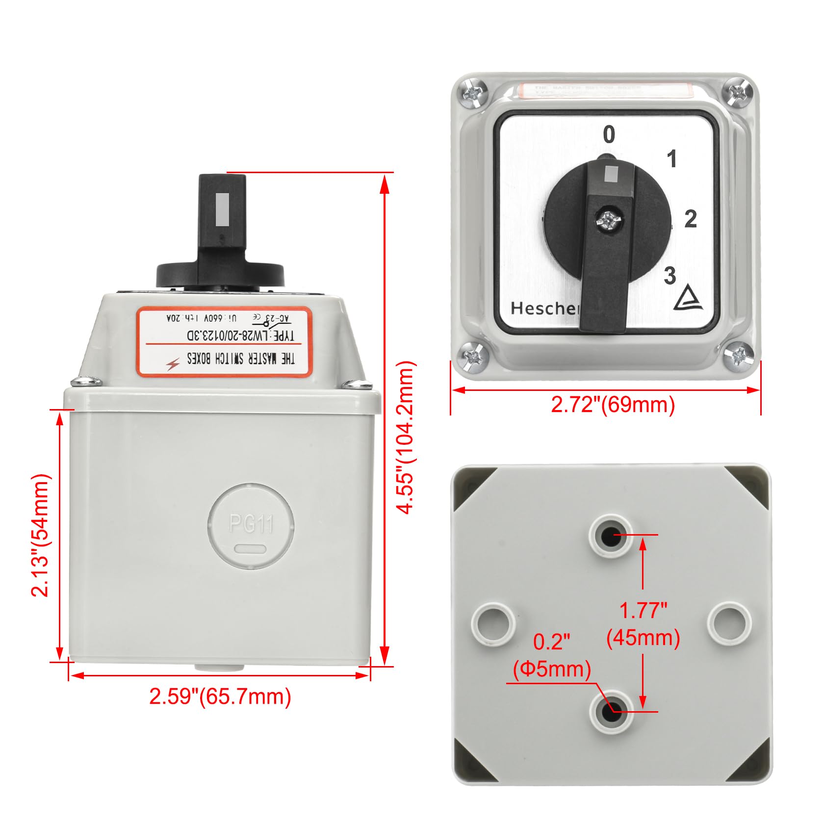 Heschen Sélecteur de came rotatif universel, LW28-20/0123.3D, 660V 20A, 4 positions, 3 phases, 12 bornes, CE, avec interrupteur principal dans la boîte extérieure LW28-20/4