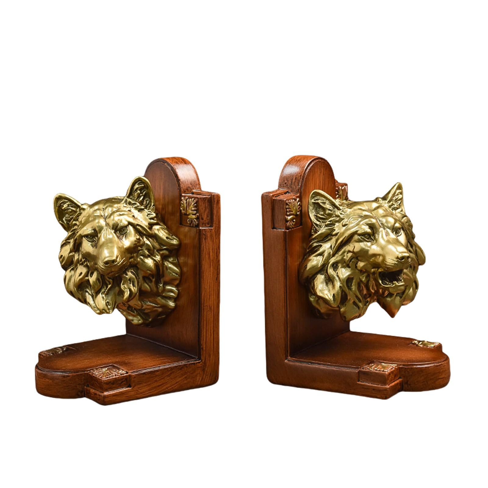Vintage Animal Bookends, Tiger Head Bookends, Elephant Head Bookends, Wolf Head Bookends, Resin Decorative Bookends, Creative Animals Book Ends, Non-Skid Book Ends, for Home Office (Color : Wolf A)