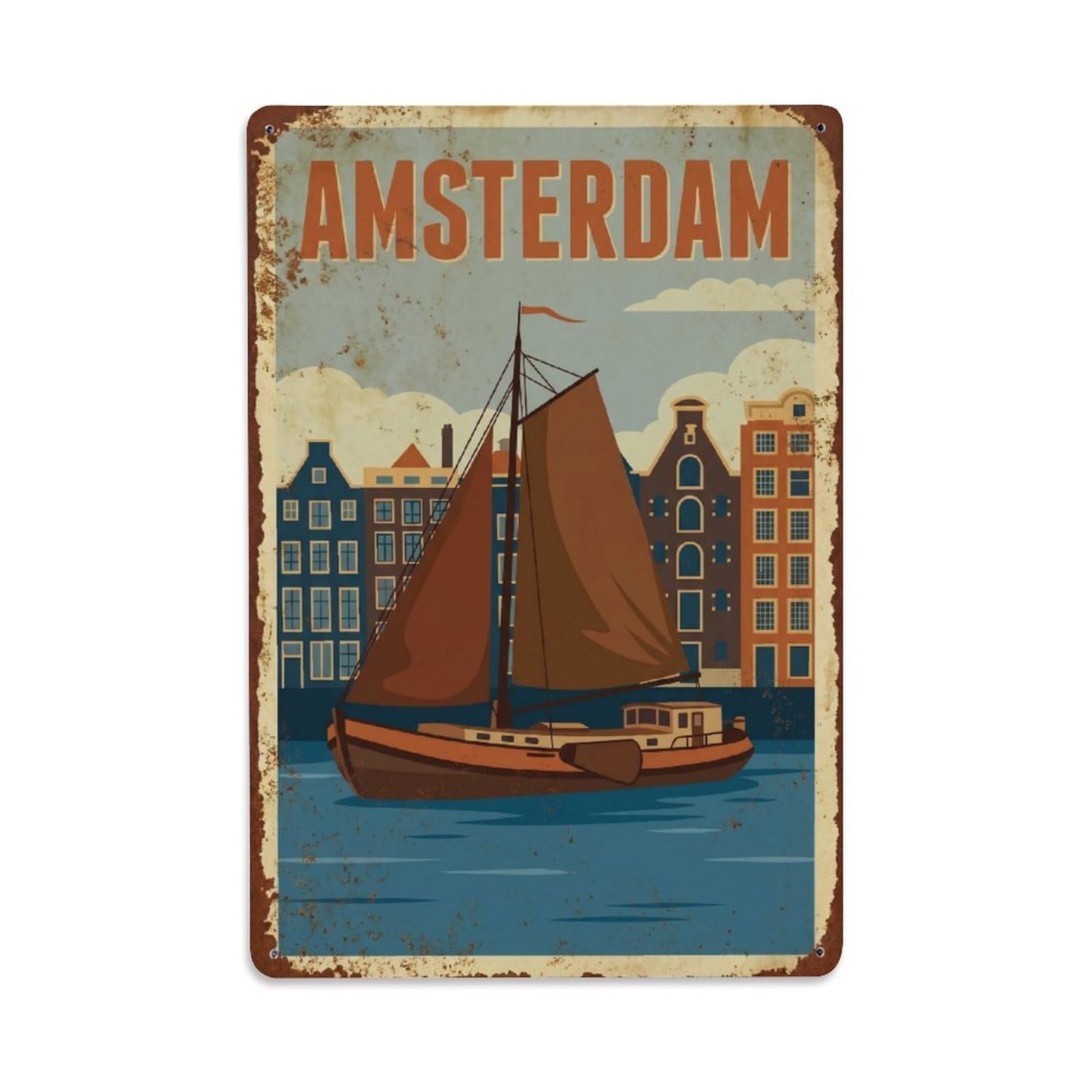 Okngb Style Amsterdam Harbor Boats Waterway Vintage Tourism Canal Metal Tin Sign Plaque Wall Decor For Cafe, Man Cave, Club Bar, Office, Home Garden Round Metal Poster 8X12inch
