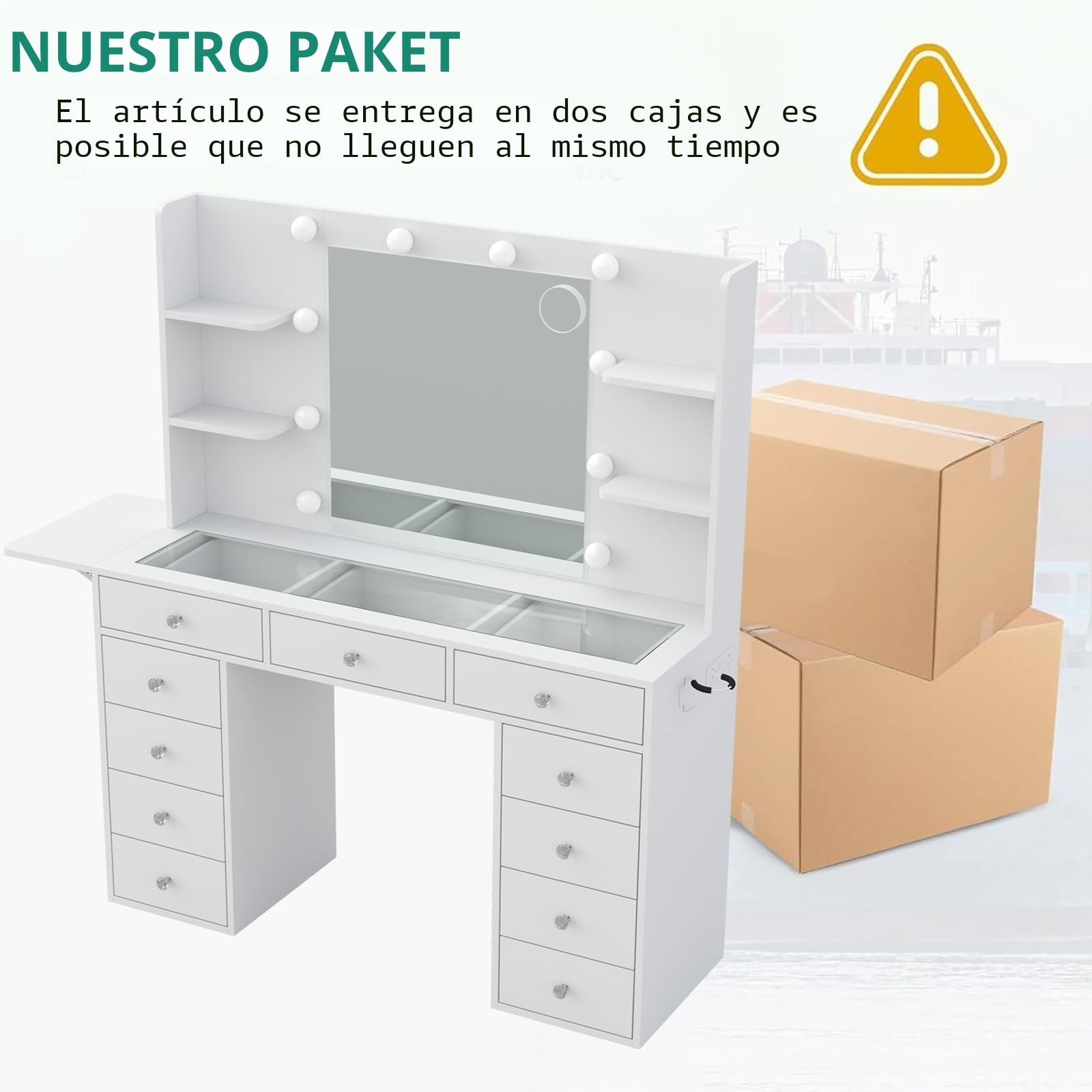 Yanosaku Tocador con Fuente de alimentación 47 Pulgadas más Ancho con Espejo y 12 Luces LED 3 Modos de iluminación de Color 11 cajones 4 estantes Panel Plegable Mesa de Cristal Juego de Maquillaje