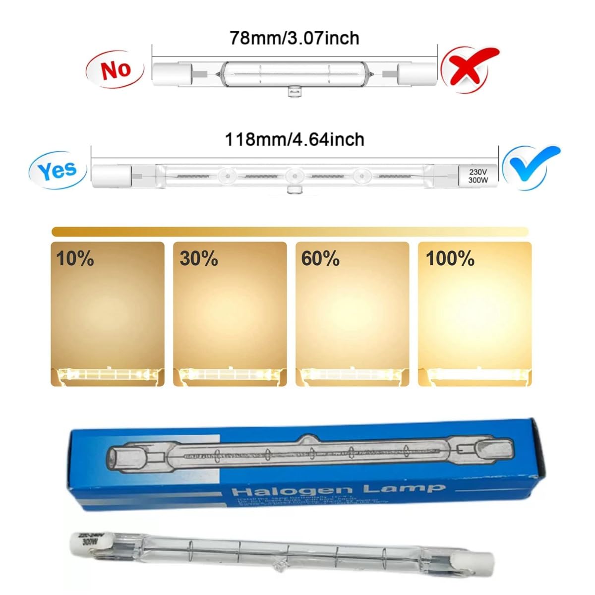 R7S lampadina alogena 118mm 300w,lampadine alogene lineari T3 a doppia estremità 2700K,flood dimmergibile tipo J per lampada da terra,illuminazione paesaggistica (300W-20pcs/118mm-110v)