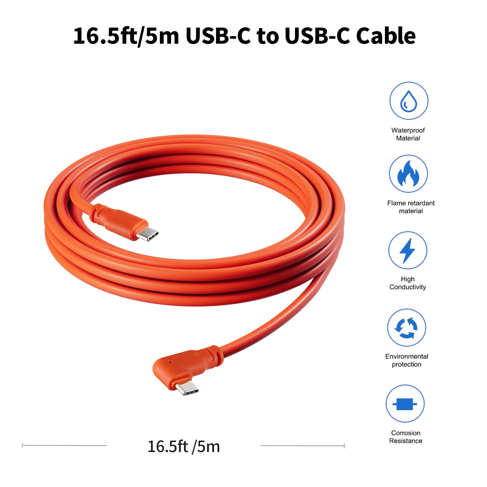 TONTON USB-C auf USB-C Anschlusskabel 5 m, 90° Winkelstecker, passives Verbindungskabel für Stromversorgung und Datenverbindung, Zubehör für USB-C Geräte (Orange)