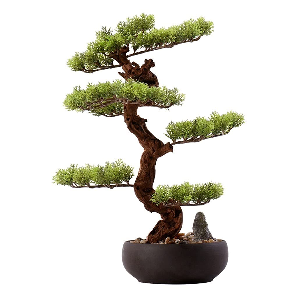 Aioneer Artificial Bonsai Plant Artificial Welcoming Pine Bonsai Tree Ceramic Flowerpot Pebbles Artificial Conifer Office Fake Plant Home Living Room Decoration Ee