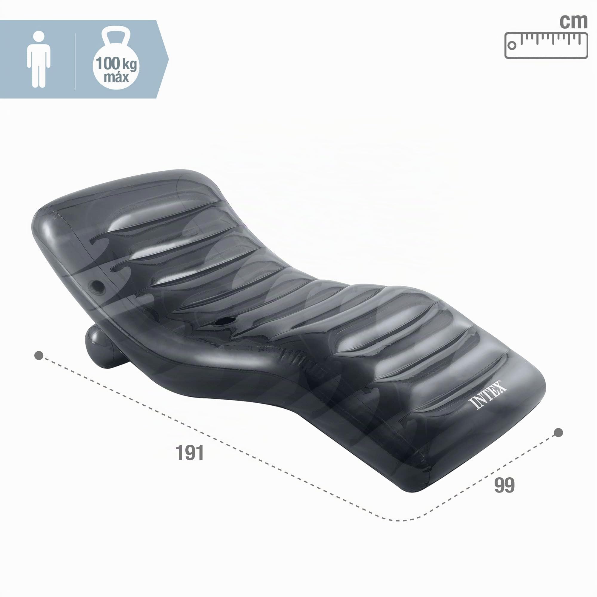 Intex 56875 Cool Grey Lounge Colchoneta Hinchable, Flotador para Piscina, Capacidad 1 Persona, Peso Máximo Soportado 100 kg, Medidas 99 x 191 cm, con Porta Bebidas, Incluye Parche de Reparación
