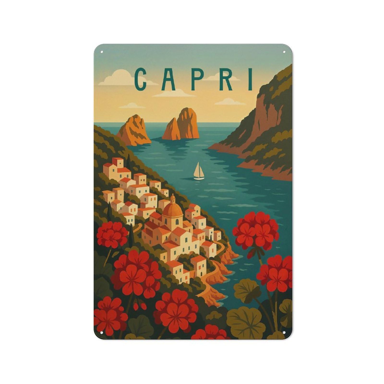Tin Wall Plaque 30x20cm with Capri Travel for Guest Room Or Hallway, for Garage, Workshop And Man Cave Decoration