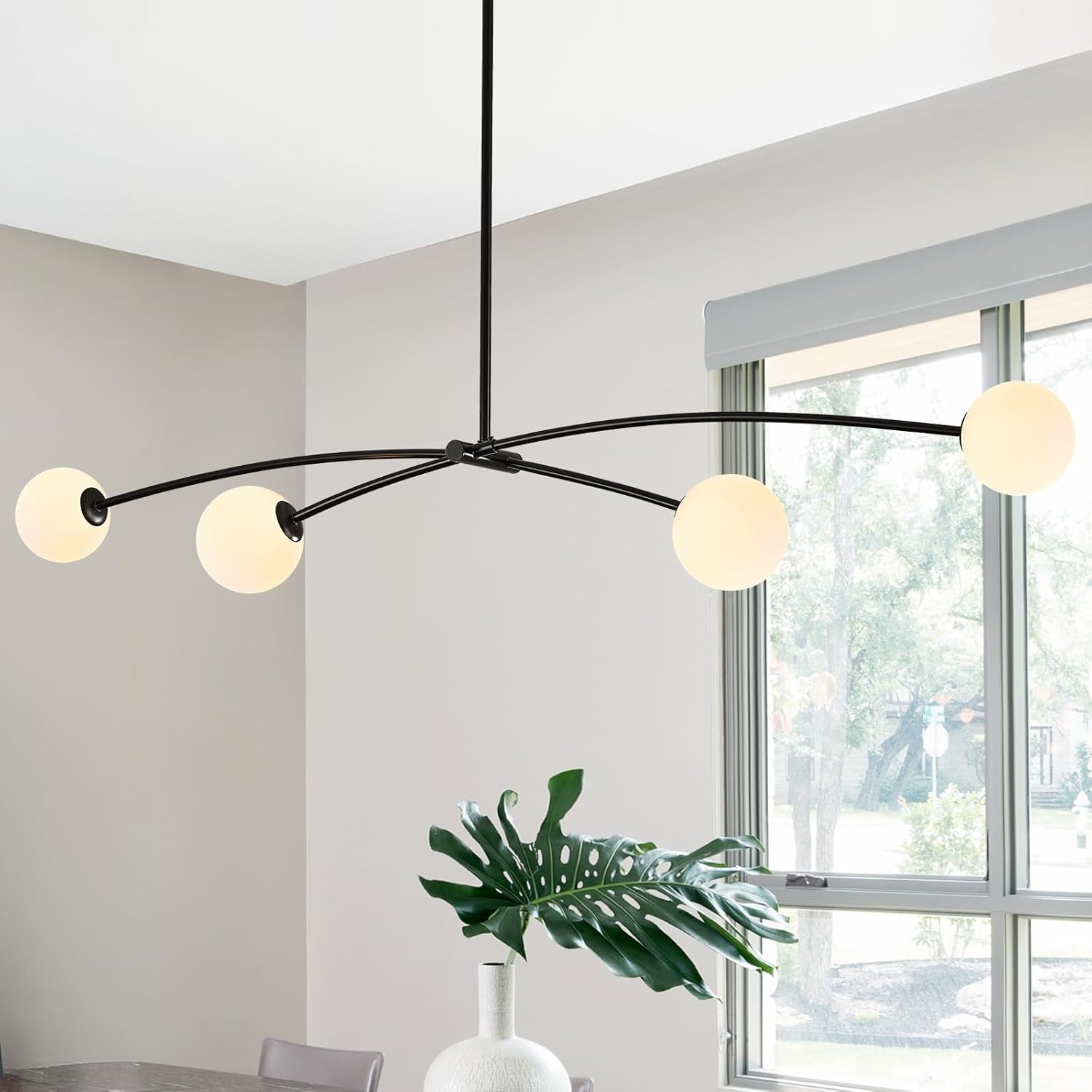 Modern Black Sputnik Chandelier for Dining Room L51” Mid Century Milk Glass Globe Ceiling Pendant Lighting Fixture Contemporary 4 Lights for Kitchen Island Bar Bedroom Home Office
