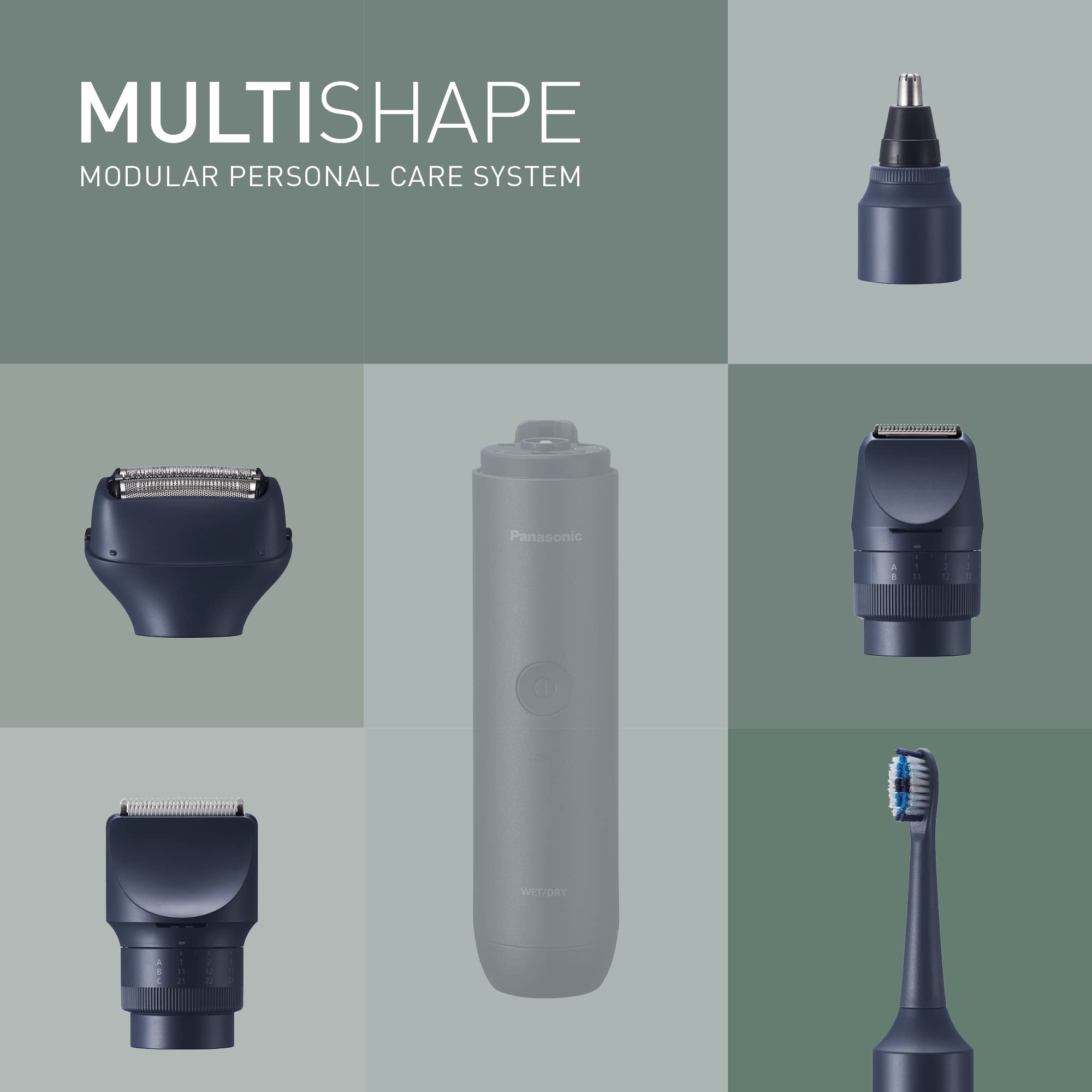 Panasonic MULTISHAPE modulares Körperpflege-System für Männer, Bart-/Haartrimmer, Bart-/Haar-/Körpertrimmer, 3-Klingen-Scherkopf, elektrische Zahnbürste & Nasen-/Ohren-/Augenbrauentrimmer Aufzatz