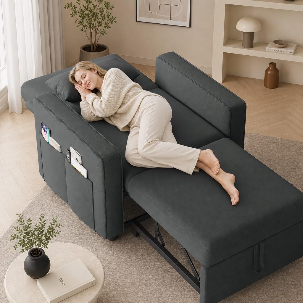 YITAHOME Schlafsofa 3-in-1, 192cm, 5-Stufig, Schlafsessel, Dunkelgrau | Mit Bettfunktion, Schlafcouch, 88cm, 160kg, Stahlrahmen, Leinen, Kissen & Tasche, Rollen, für Wohnzimmer & Gästezimmer