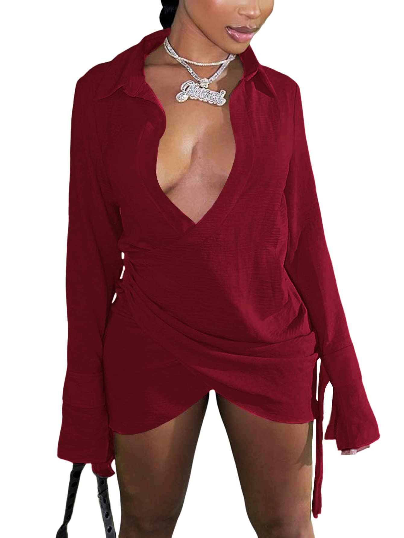 LYANERWomen's Sexy Collar V Neck Wrap Hem Long Sleeve Club Party Bodycon Mini Dress