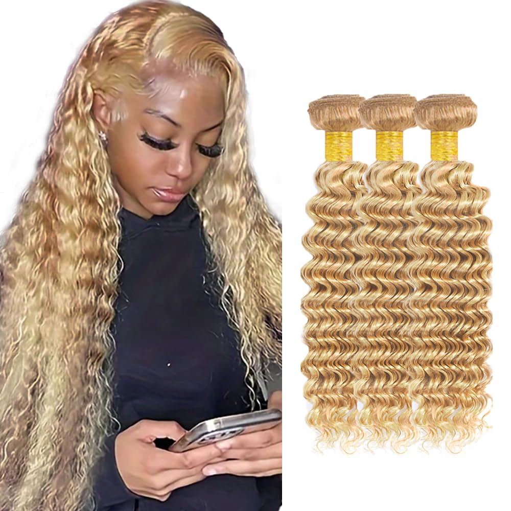 P27/613 Highlight Blonde Bundles Deep Wave Bundles Human Hair 14 16 18 Inch Unprocessed Brazilian Virgin Weave Hairs Honey Blonde 3 Bundle 50 Gram Per