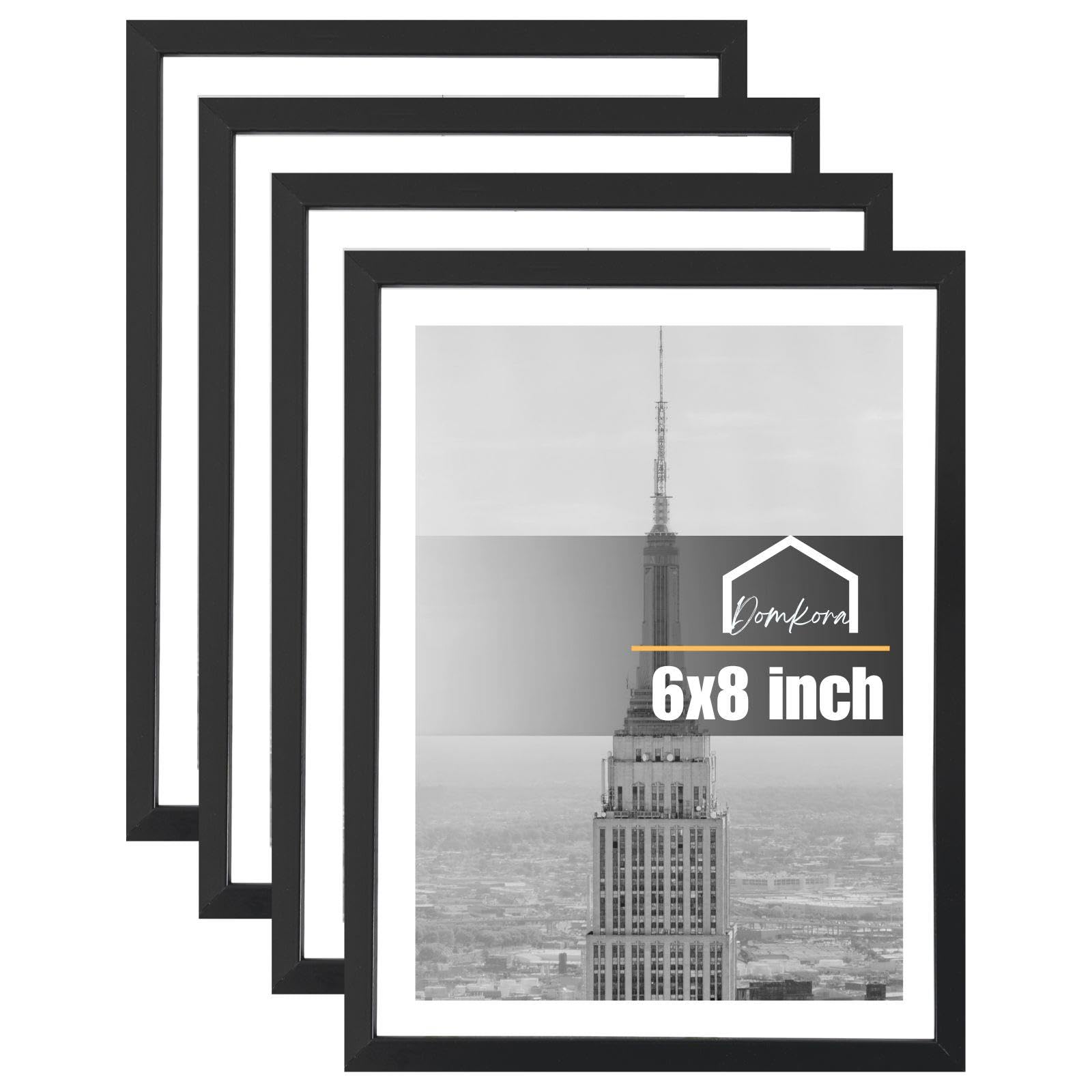 Pack 4 Black Picture Frames 6 x 8 - Plastic Photo Frame Styrene Front - Family Photos Kids Art Display - Portrait Landscape Wall Hanging Tabletop Standing Frame