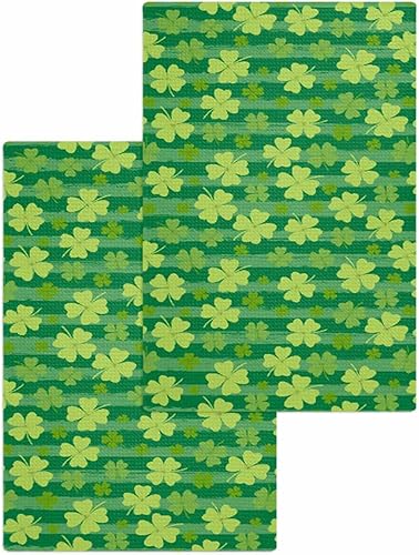 Kitchen Towel 2 Packs Cotton Waffle Weave, St. Patrick's Day Stripe Shamrock 16 x 24 Inch Absorbent Quick Drying Dish Towels Clothes for Kitchen