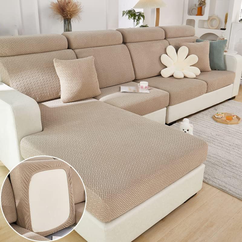 Stretch Sofa Covers for Cushion Couch,Universal Wear Resistant Slipcover with Elastic Bottom,Magic Couch Cover Furniture Protector,Anti-Slip L Shape Sofa Cover,Double Seat,Weave-Camel Coffee