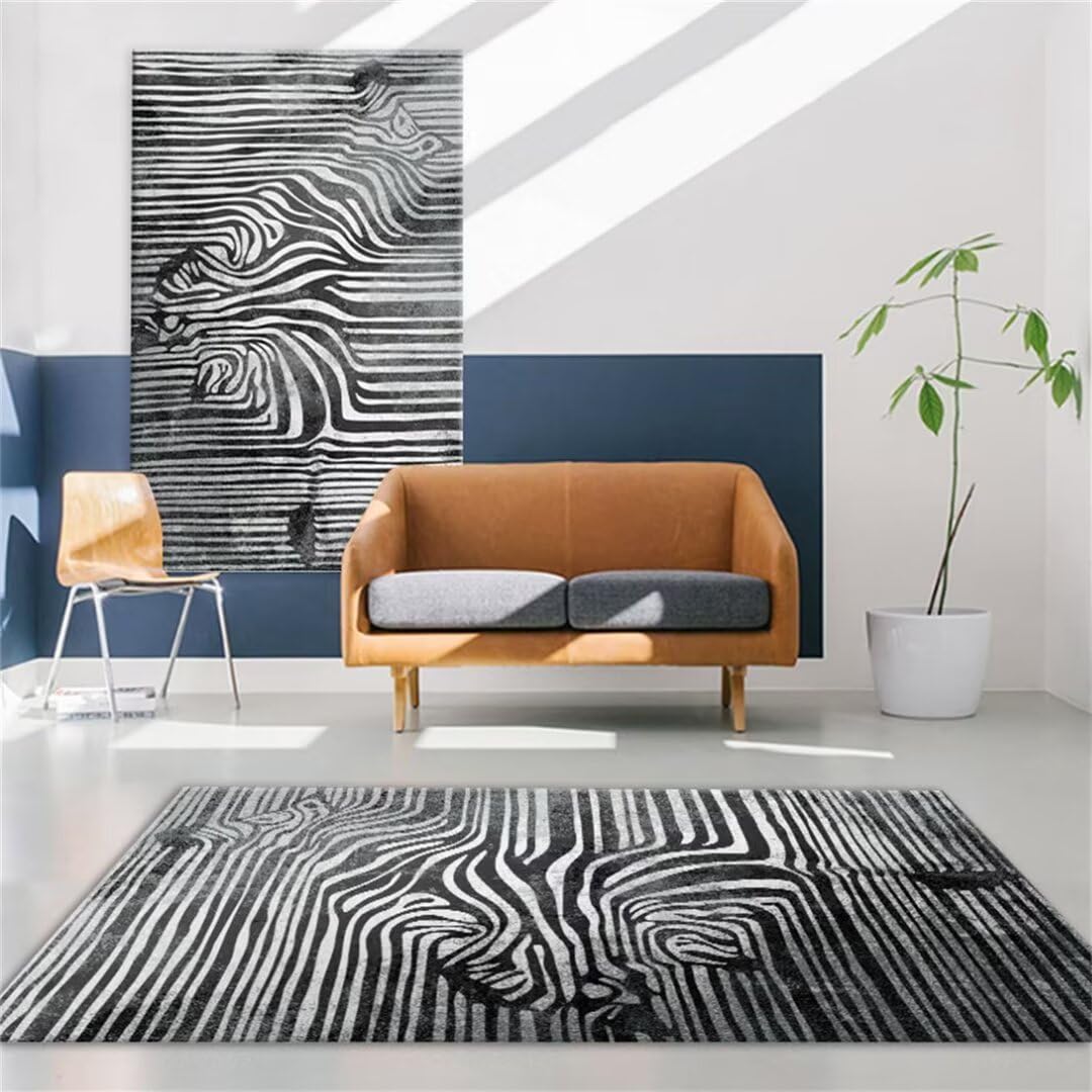Tapis zèbre gris élimine la poussière tenace, tapis de salon lavable et résistant 100x150cm