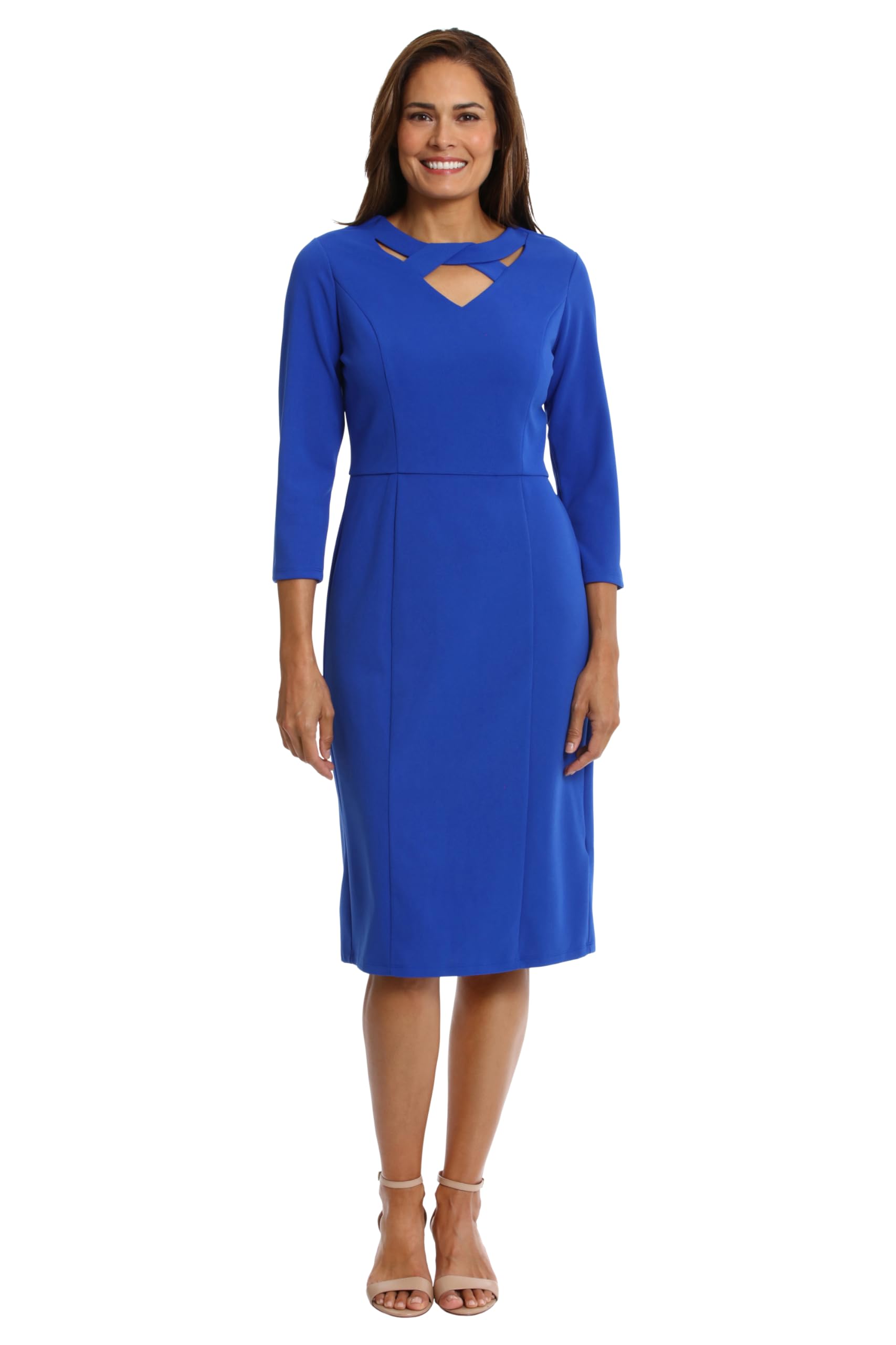 London Times Womens Scuba Crepe Neckline Detail Midi Sheath