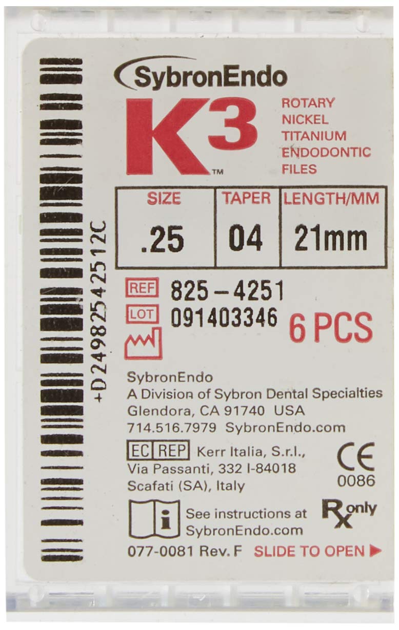 SybronEndo 825-4251 K3 NiTi Endo File, 0.04 mm Taper, Green Taper, 25 Tip Size, Red Tip Color, Nickel-Titanium, 21 mm Length (Pack of 6)