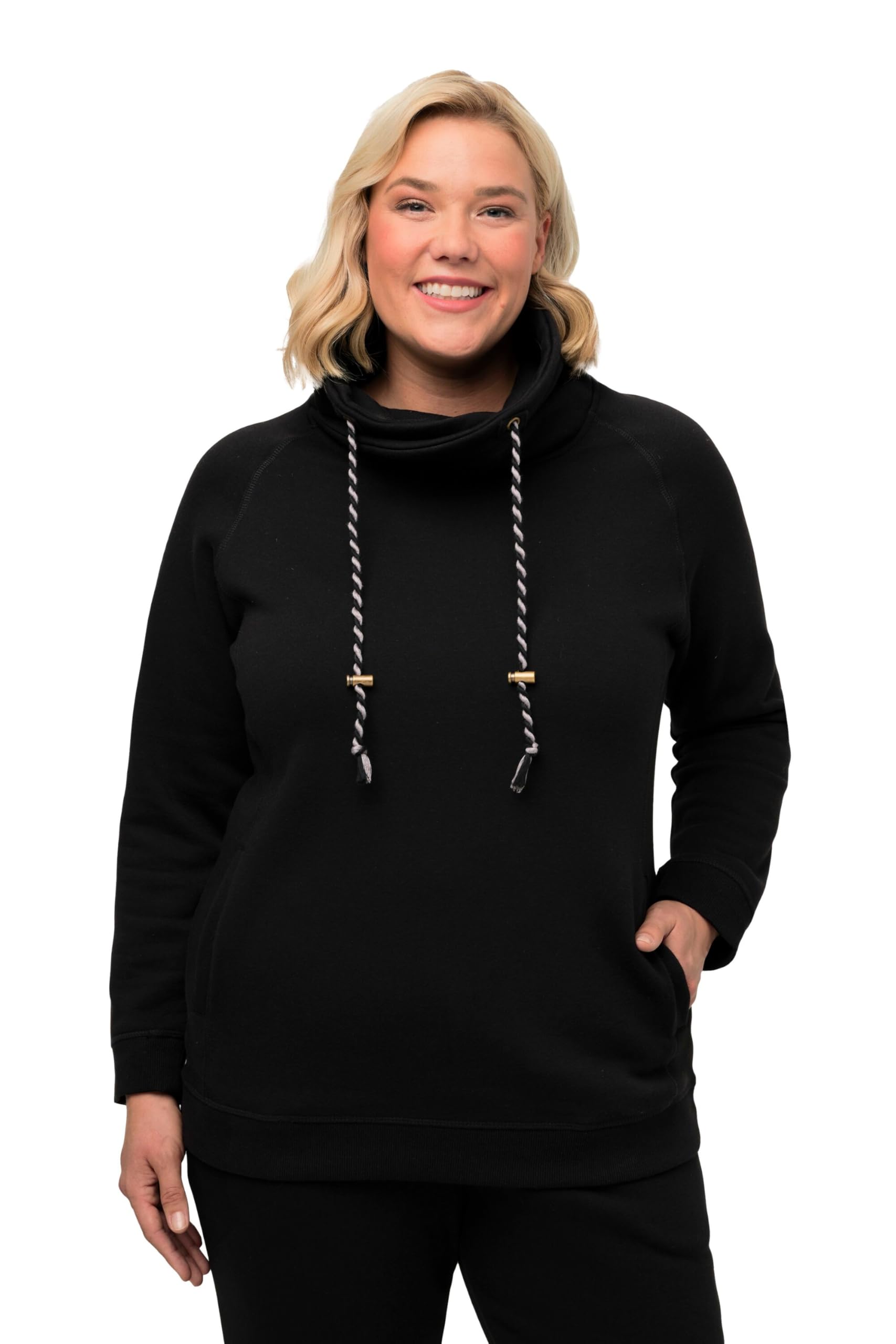 Ulla Popken Women's Plus Size Drawstring Collar Sweatshirt Black 62+ 713963 10-62+