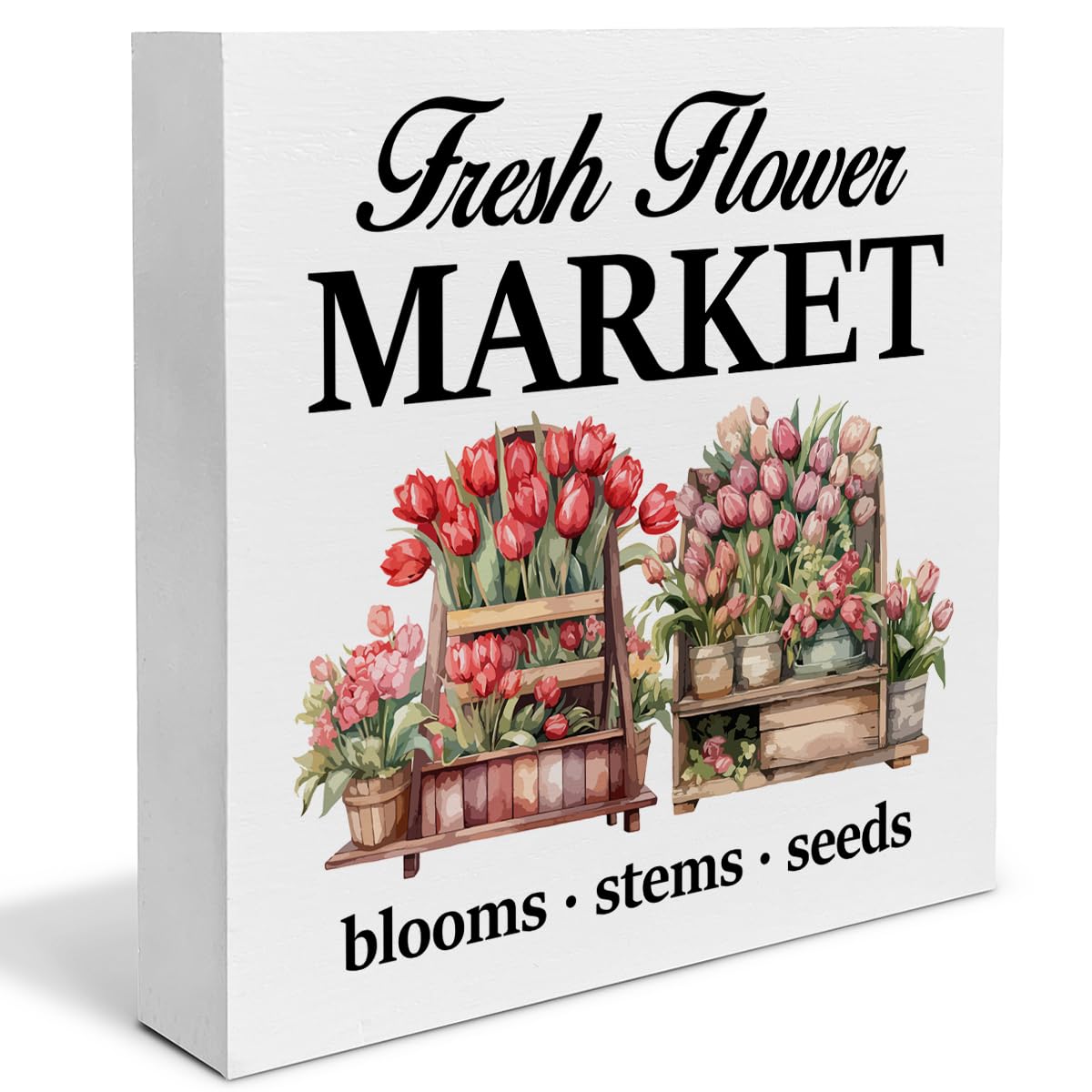 Hijie Spring Decor Country Flower Market Wood Sign Spring Decorations Home Desk Table Shelf 5 X 5 Inches
