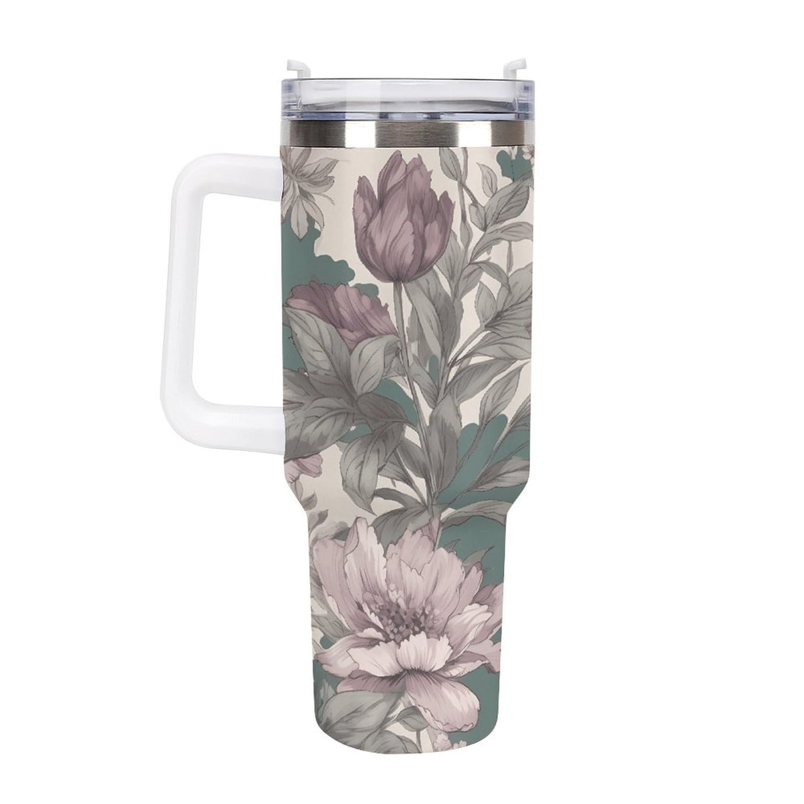 Violette Blumen-Tassen mit Strohhalm und Griff, doppelwandig, Vakuumisolierung, Wasserflaschen für Eiskaffee, Tee, heiße und kalte Getränke