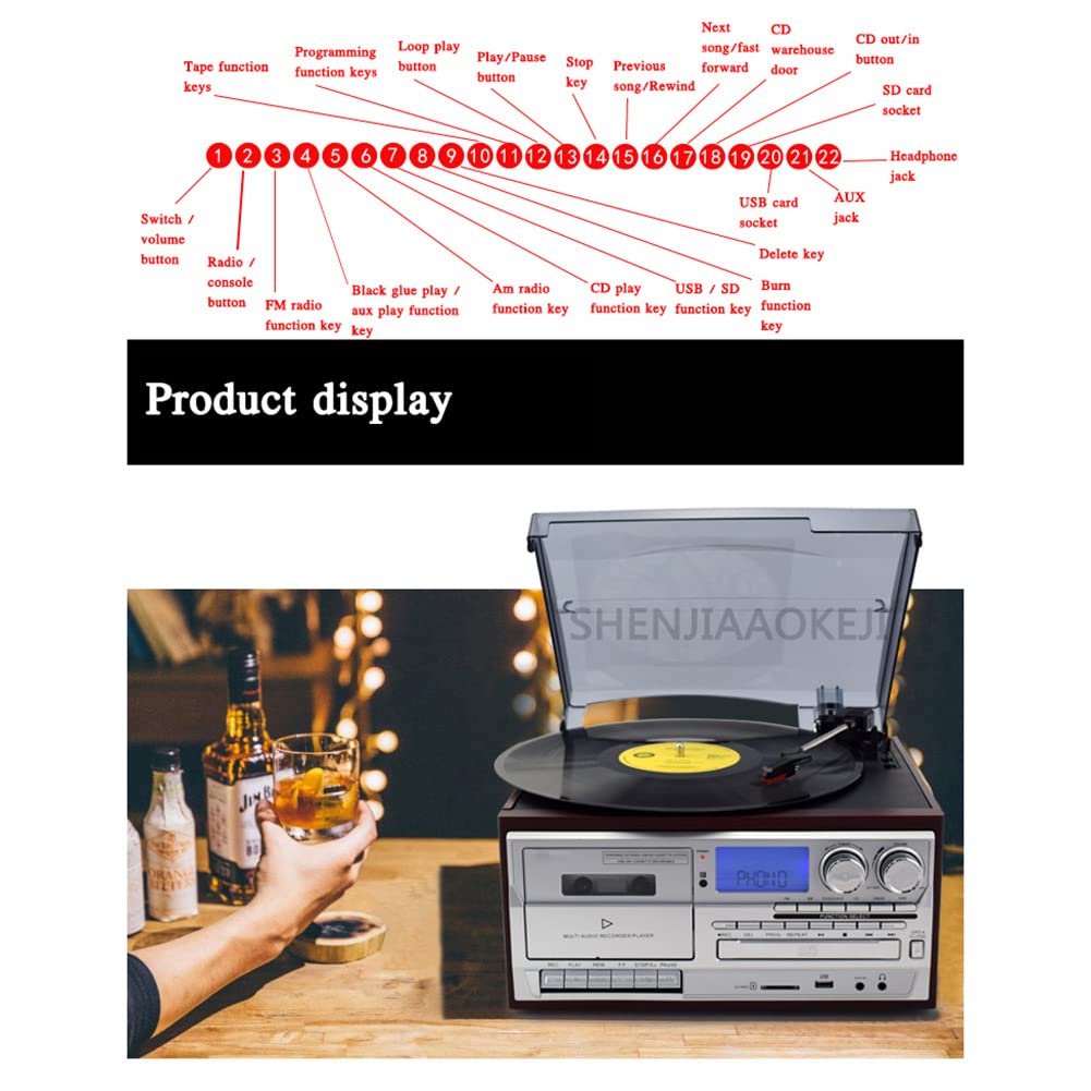 Giradischi multifunzione con lettore CD, radio, slot per cassette, registrazione USB/SD, telecomando e sistema di trasmissione a cinghia
