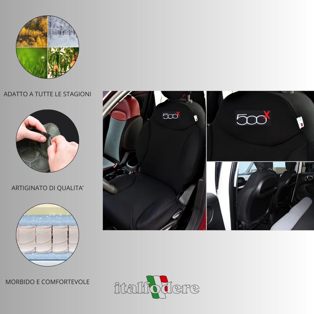 Italfodere - Coppia Coprisedili Anteriori Compatibili con Fiat 500X - Cotone Accoppiato - Fatti a Mano - Eleganti e Resistenti - Accessori Auto Interno - Nero - Made in Italy