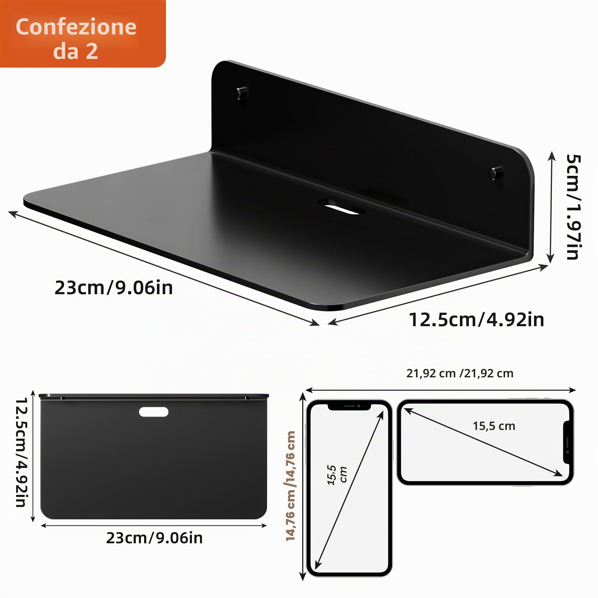 Wisfame Mensola da Muro in Metallo 2 Pezzi, Nere Mensole Adesive da Parete Senza Foratura, 23cm Mensolina da Muro Piccola per Soggiorno, Camera da Letto, Bagno,Cucina, Ufficio，Con Fori per Cavi