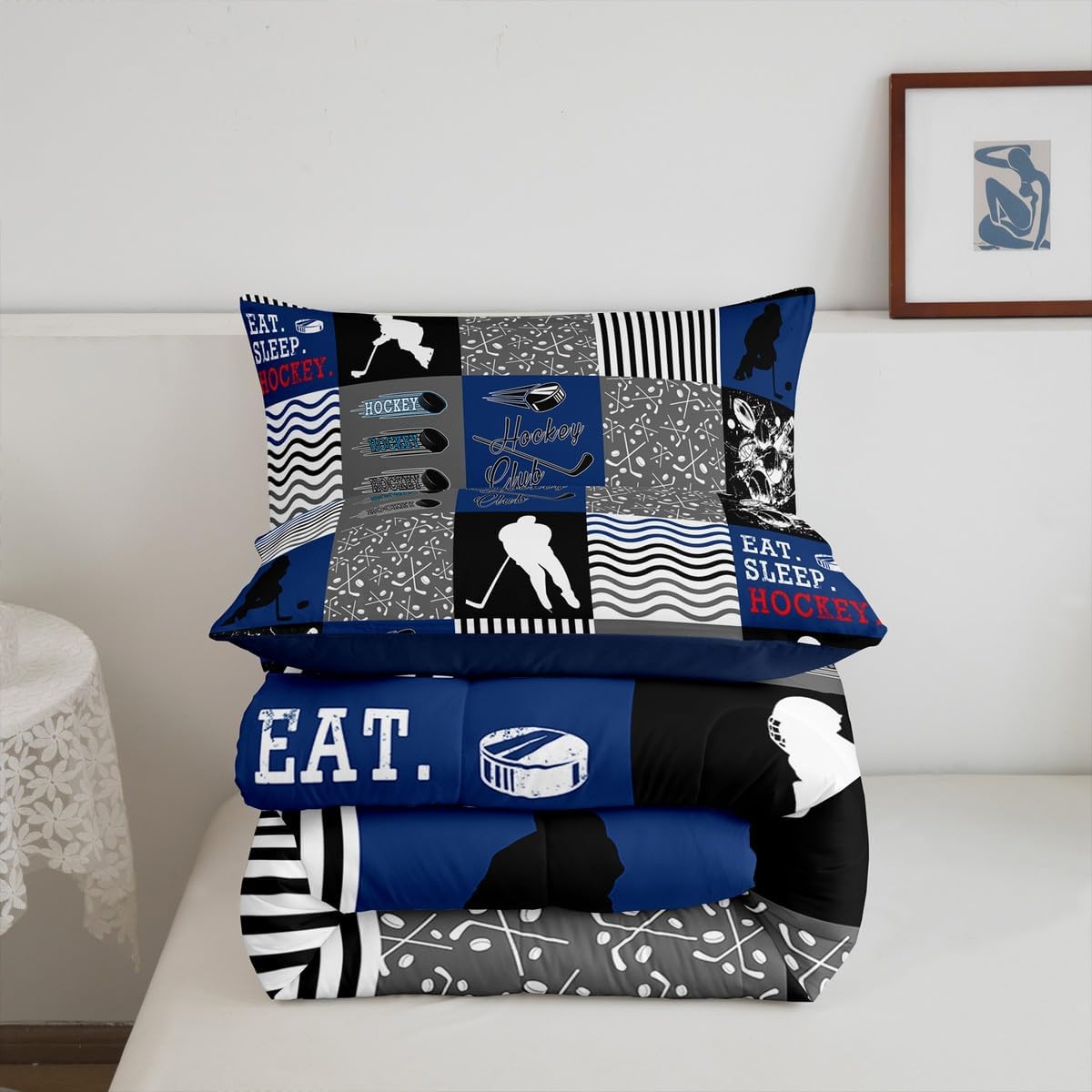 Feelyou Ice Hockey Comforter Set for Kids Boys Girls Twin Size Hockey Player Bedding Set Ultra Soft Blue and Gray Duvet Quilt Sports Theme Duvet Bedroom Decor Sports Lovers