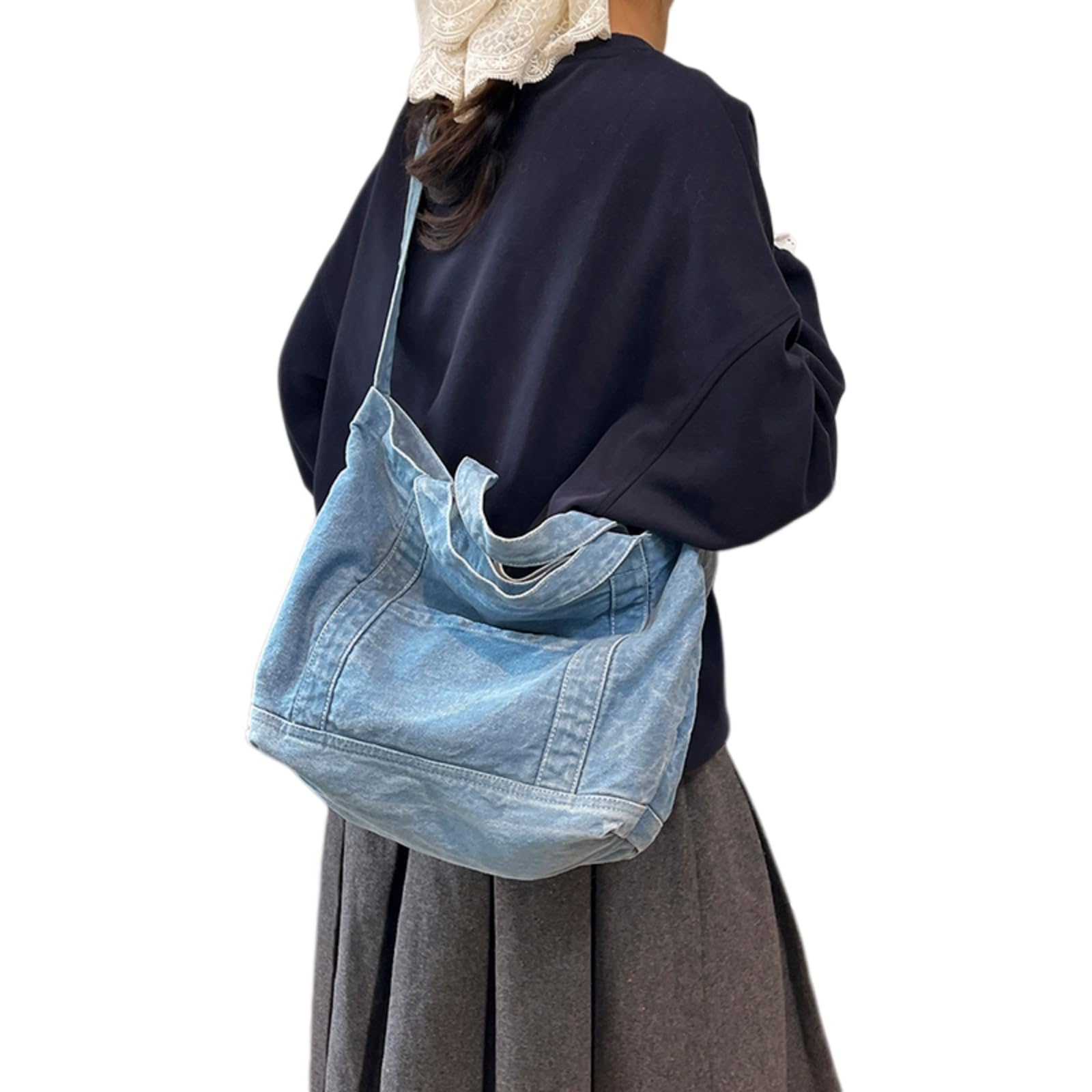 Beauty Case Borsa da Donna in Denim, A Spalla Casual con Doppie Maniglie E Tasca Anteriore per I Pendoli Giornalieri-Dark Blue