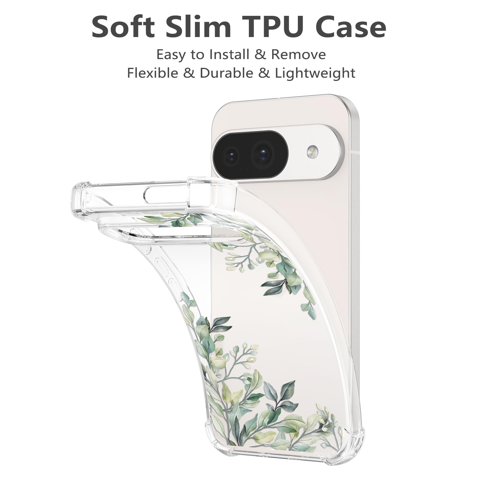 RALEAVO Compatible with Google Pixel 9/9 Pro Clear Floral Case Girly Soft Slim Bumper Case with Flower Pattern for Pixel 9 Pro/9-Leaf Pattern - Image 4