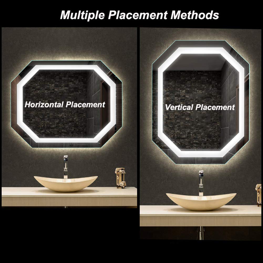 GuyAna Specchio da Bagno Illuminato a LED, Specchio da Barba per Trucco retroilluminato a Parete, Sospensione Orizzontale/Verticale - Specchio Antideflagrante, Luce Bianca/Luce Calda