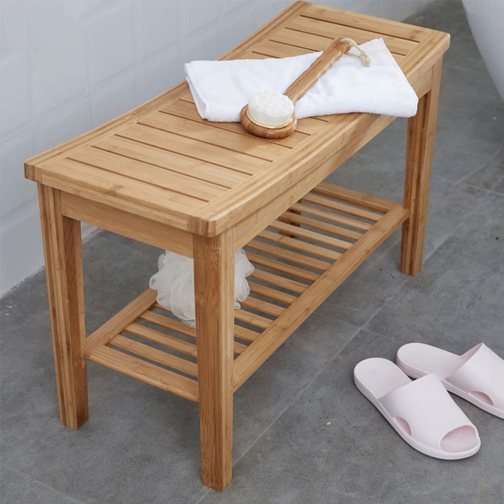 Banco de ducha de bambú con estante de almacenamiento y reposapiés antideslizante, cambiador de zapatos para baño, sala de estar, dormitorio, entrada, vestíbulo, pasillo